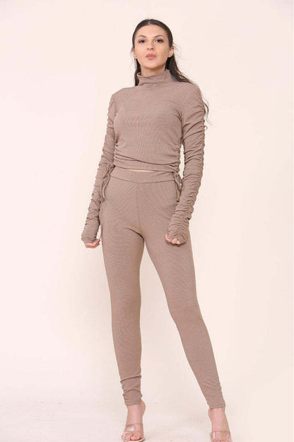 High Neck Drawstrings Ribbed Tee And Leggings Set