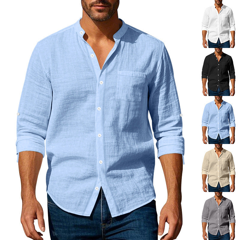 Linen Long Sleeve Stand Collar Shirt
