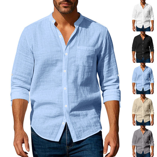 Linen Long Sleeve Stand Collar Shirt