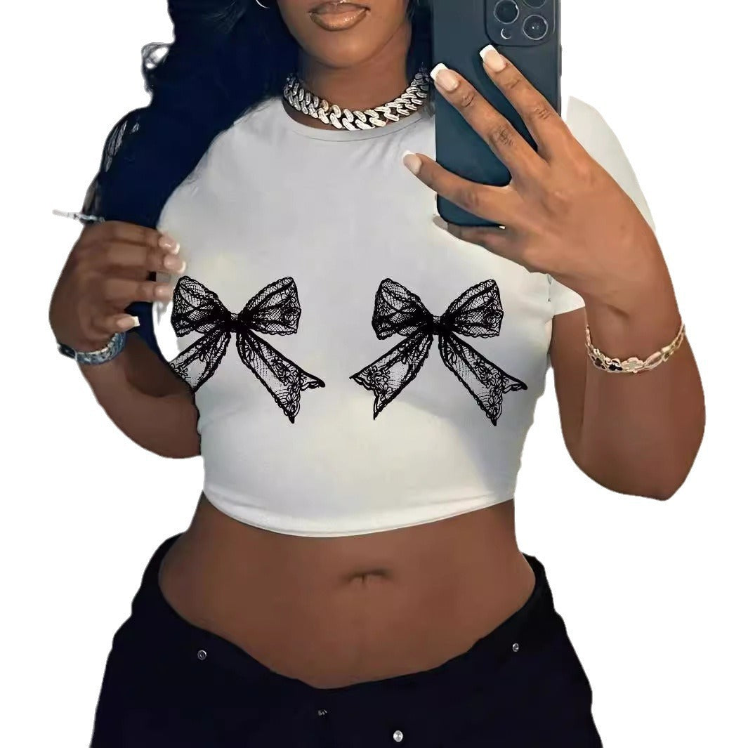 T-shirt décontracté simple à col rond avec nœud en dentelle imprimé à manches courtes