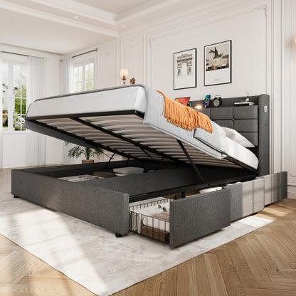 5ft King Bed Frame With Hydraulic Storage, Linen Upholstered Bed With Concealed Headboard Storage And Drawers, Button Tufted Headboard With Charging Station And LED Night Light, Grey