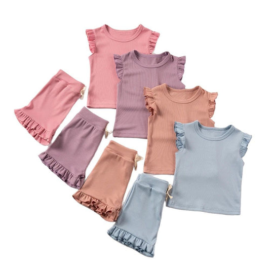 Girls' Solid-Colored Short-Sleeve Shorts Set