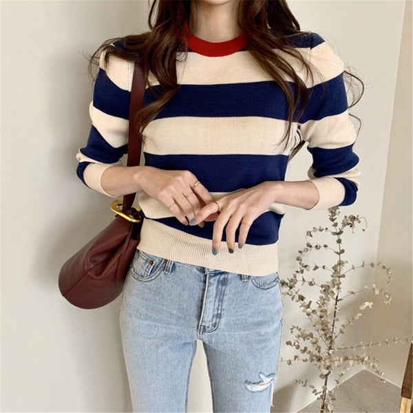 Retro Outer Wear Pullover Horizontal Striped Sweater Women - Stuffs & Savers