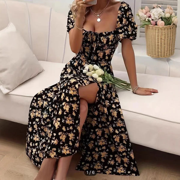 Floral Print Short Sleeve Split Dress