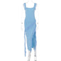 Ruffle Thigh High Split Dress Women Sexy Spaghetti Strap Square Neck Backless Suspender Dresses For Evening Praty Clothing