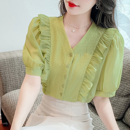 Fashionable Ruffle-trimmed Panelled Puff-sleeve V-neck Shirt