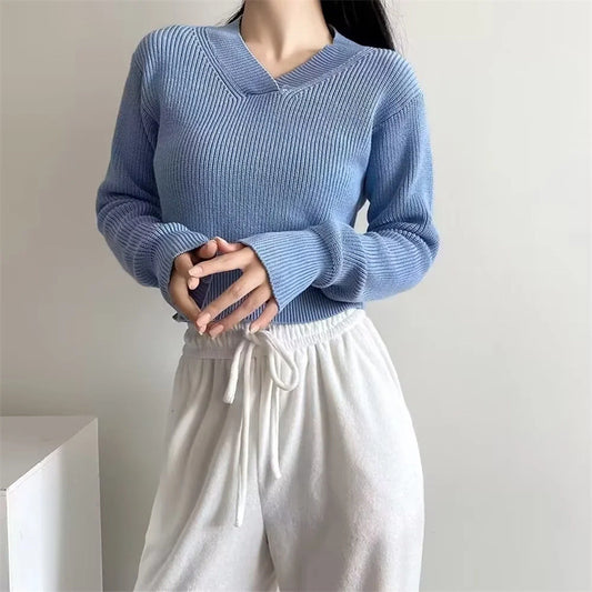 V-neck Thick Pullover Cropped Sweater
