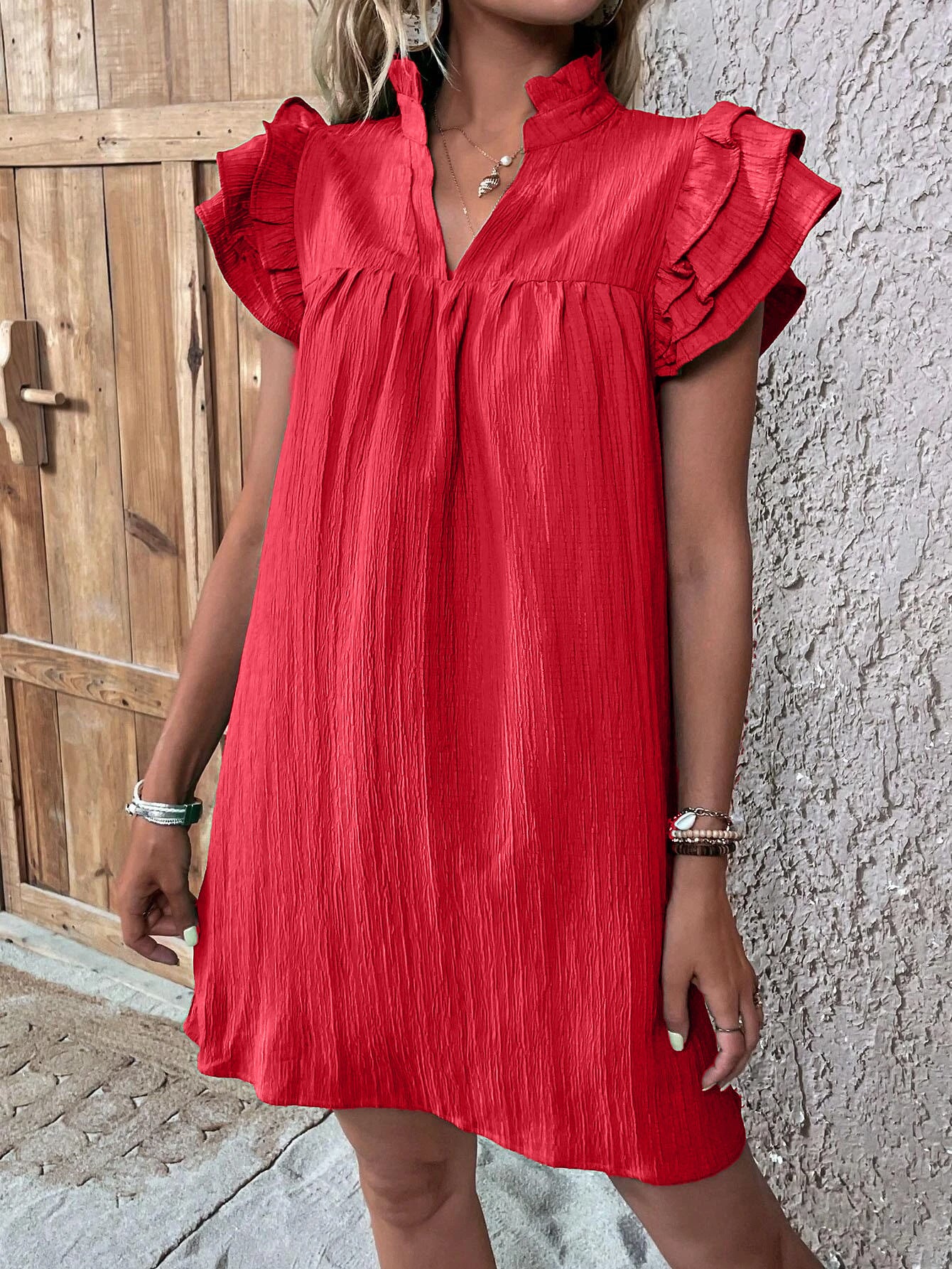 Multi-Layer Ruffle Sleeve V-Neck Dress