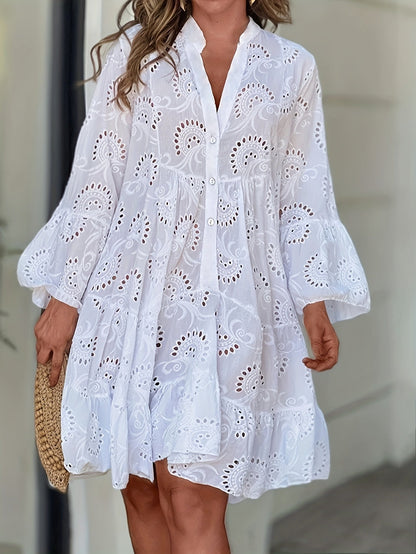 European And American Women's Spring And Summer Solid Color V-Neck Loose Hollow Sexy Dress Nian Nian