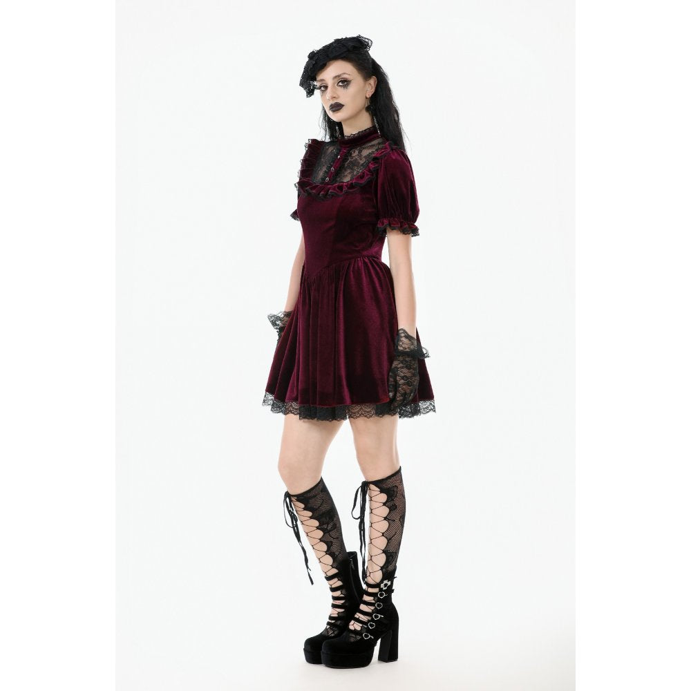 Robe Gothique en Velours Bordeaux à Col en Dentelle Ophelia Dark in Love