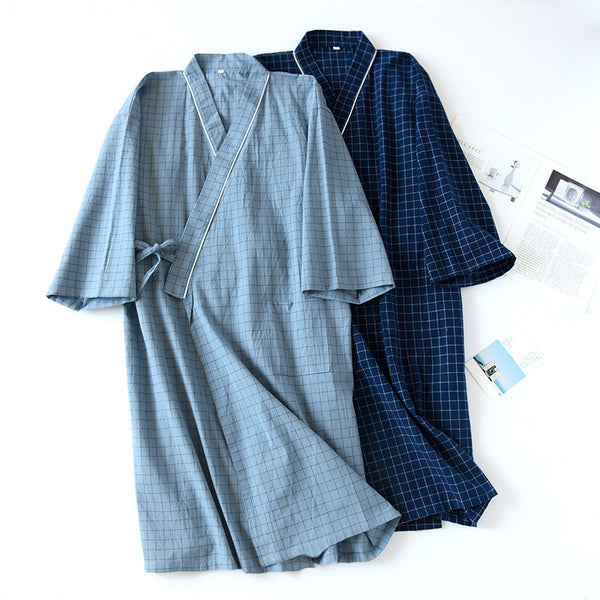 Peignoir Kimono Japonais Homme Printemps et Été en Gaze de Coton Lavé