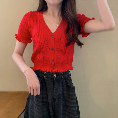 Retro V-neck Short Top Cardigan