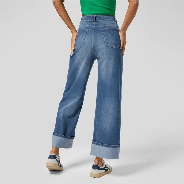 Jean droit à taille haute et ourlet retroussé