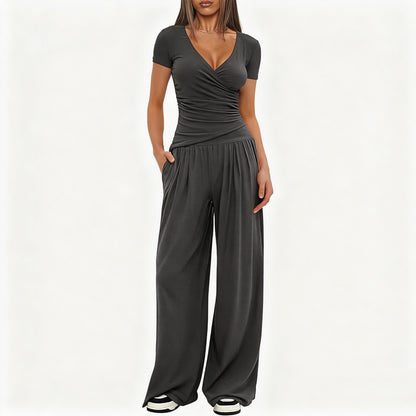 Women's Short Sleeve Sportswear & Wide Leg Pants Set