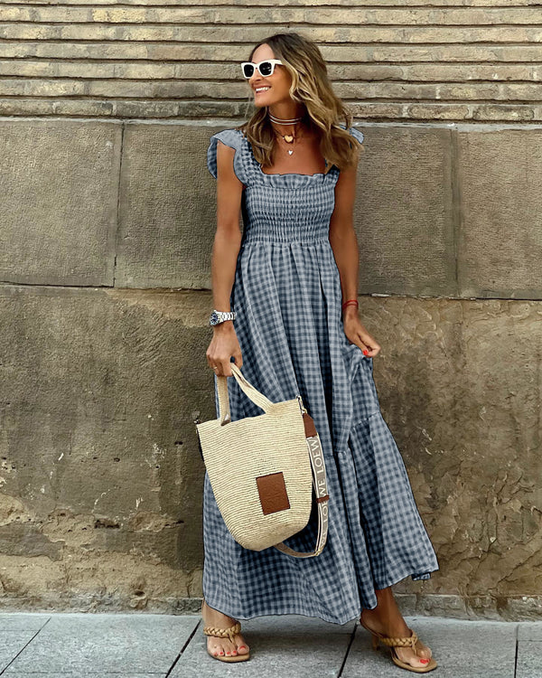 Womens Plaid Print Pleated Ruffle Dress