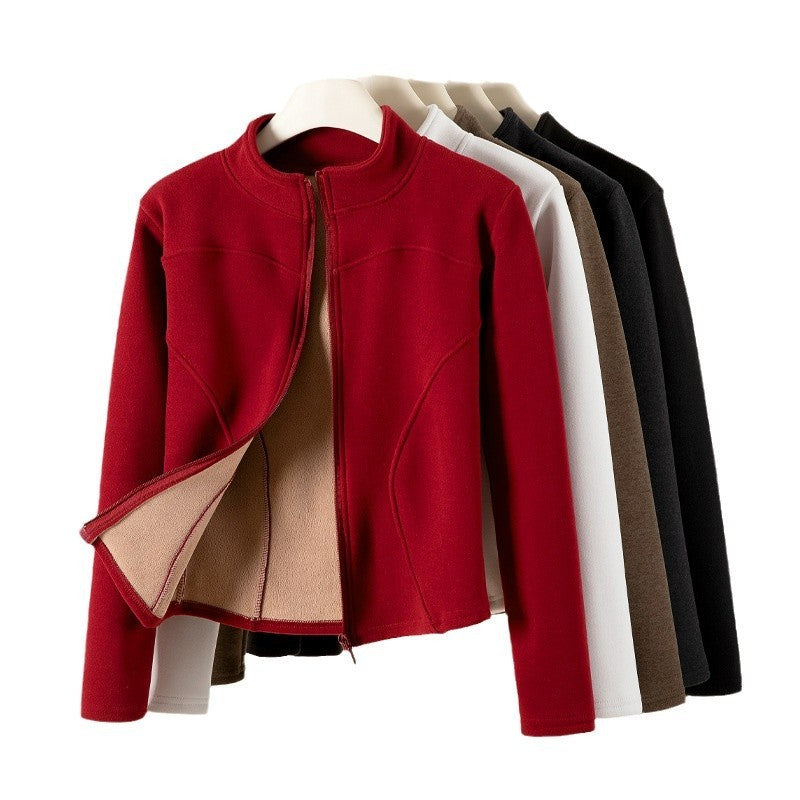 Stand Collar Short Coat Cashmere Hoodie Women Plus Velvet Thickening