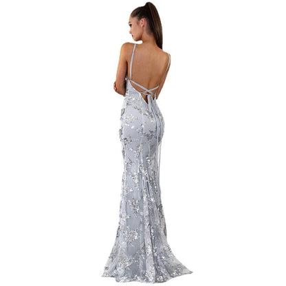 Dress V-neck Brace Backless Sequined Lace-up