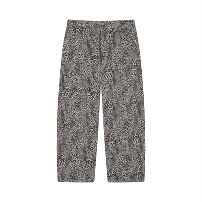 Unisex Vintage Wash Leopard Wide Leg Jeans