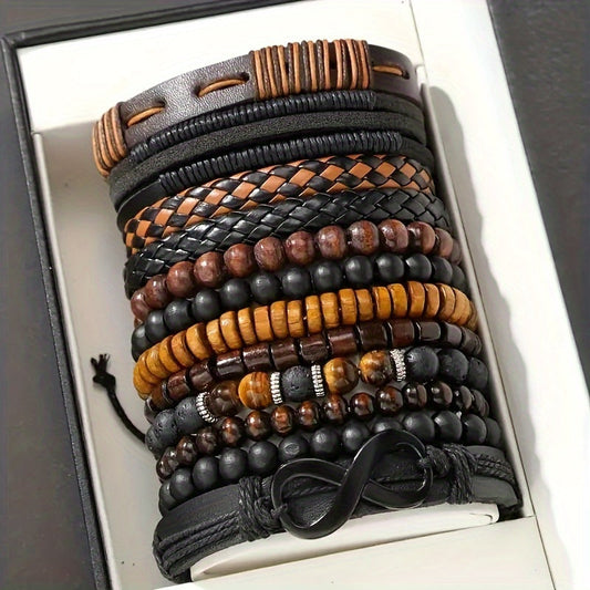 Lot de 12 bracelets vintage en similicuir tressé avec perles œil de tigre et pierre de lune