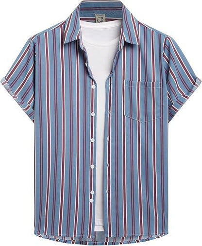 Striped And Solid-color Short-sleeve Shirt-cardigan