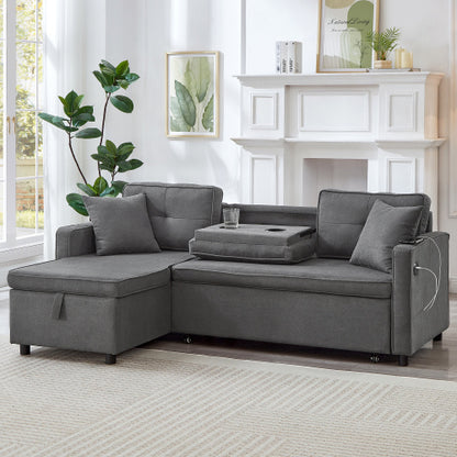 L-Shaped Pull Out Sleep Sofabed, Modern Reversible Sleeper Sectional Sofa, 3 In 1 Convertible Sofa Bed With Storage Chaise, Drop-Down Table, Cup Holders And Charging Ports, Grey