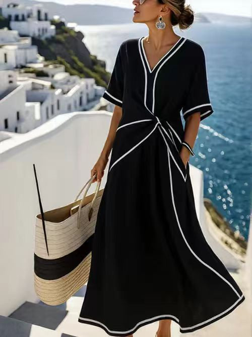 Loose Striped Short-Sleeve Maxi Dress