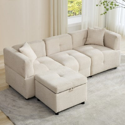 80 Sectional Sofa Couch With Removable Storage Ottoman, Fabric Sofa For Living Room Apartment, L-Shaped Sofa With 2 Pillows For Home Apartment Office Living Room, Beige