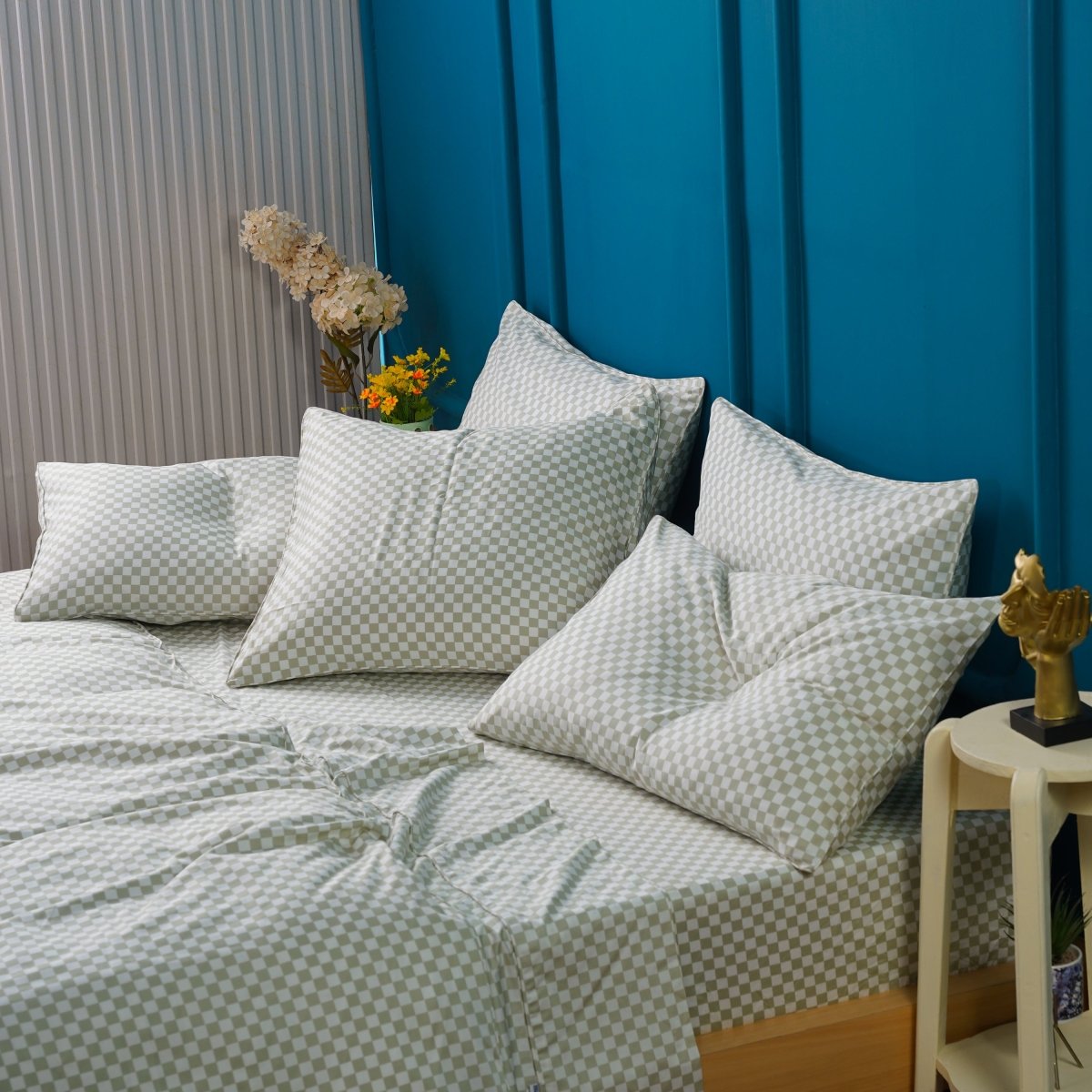 Ackly Bamboo - Sage Checkered Duvet Cover, Fitted Sheet & Pillowcases Set