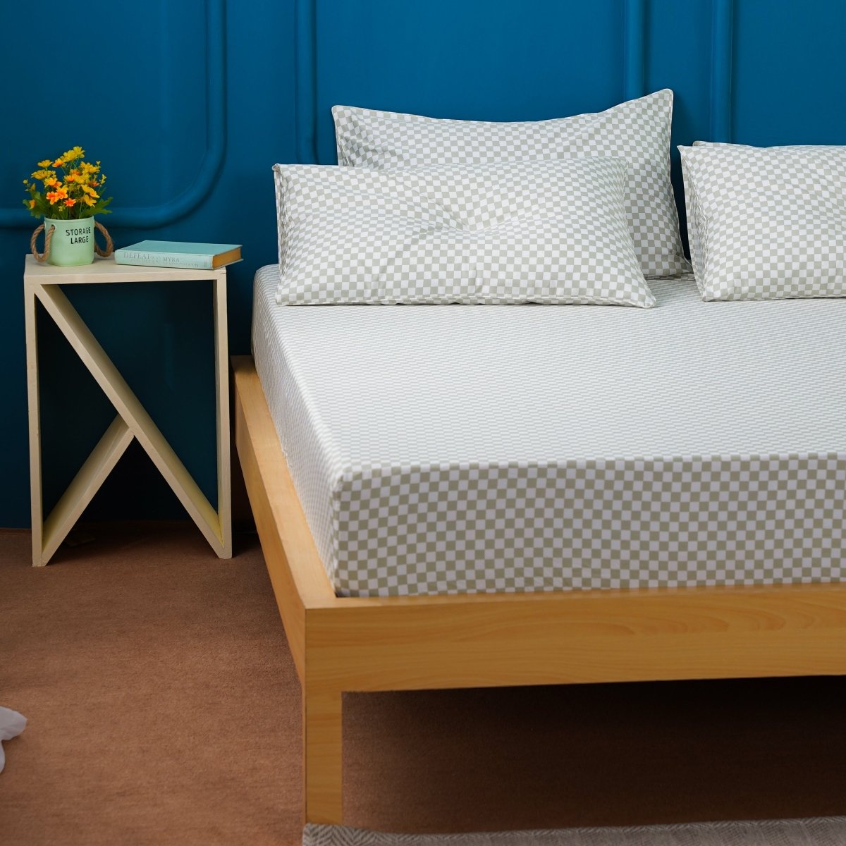 Ackly Bamboo - Sage Checkered Duvet Cover, Fitted Sheet & Pillowcases Set