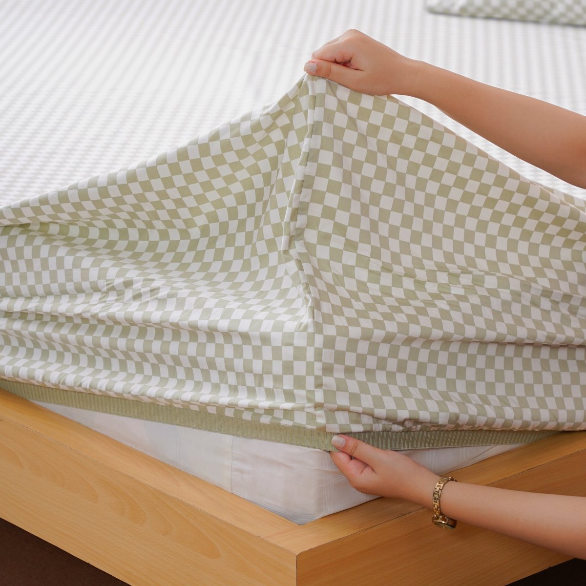Ackly Bamboo - Sage Checkered Duvet Cover, Fitted Sheet & Pillowcases Set