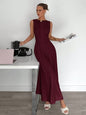 Robe longue élégante et stylée plissée sans manches à col rond pour femme