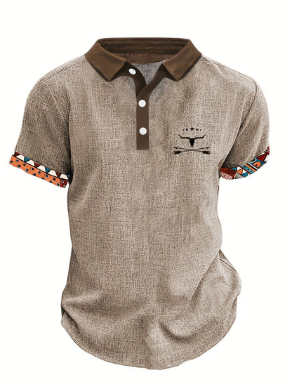 Chemise décontractée à manches courtes pour homme avec imprimé tête de taureau numérique 3D, détails boutonnés, col à revers - Vêtement de mode d'extérieur