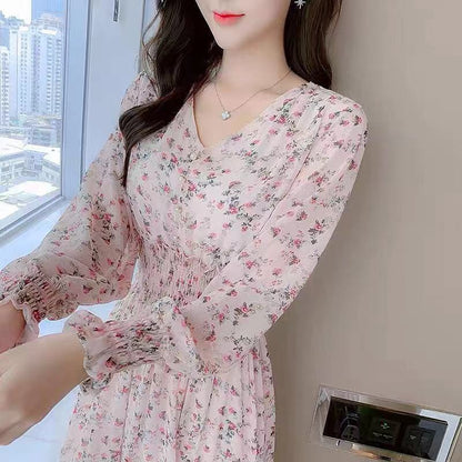 Long-sleeve Waist-cinched High-waisted V-neck Floral Chiffon Dress