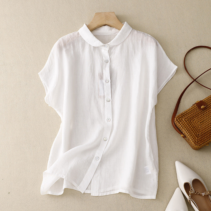 Cotton-Linen Plus-Size Loose Artistic Small Turn-Down Collar Shirt