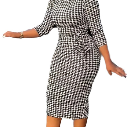 Chic Vintage Houndstooth Bodycon 3/4 Sleeve Dress