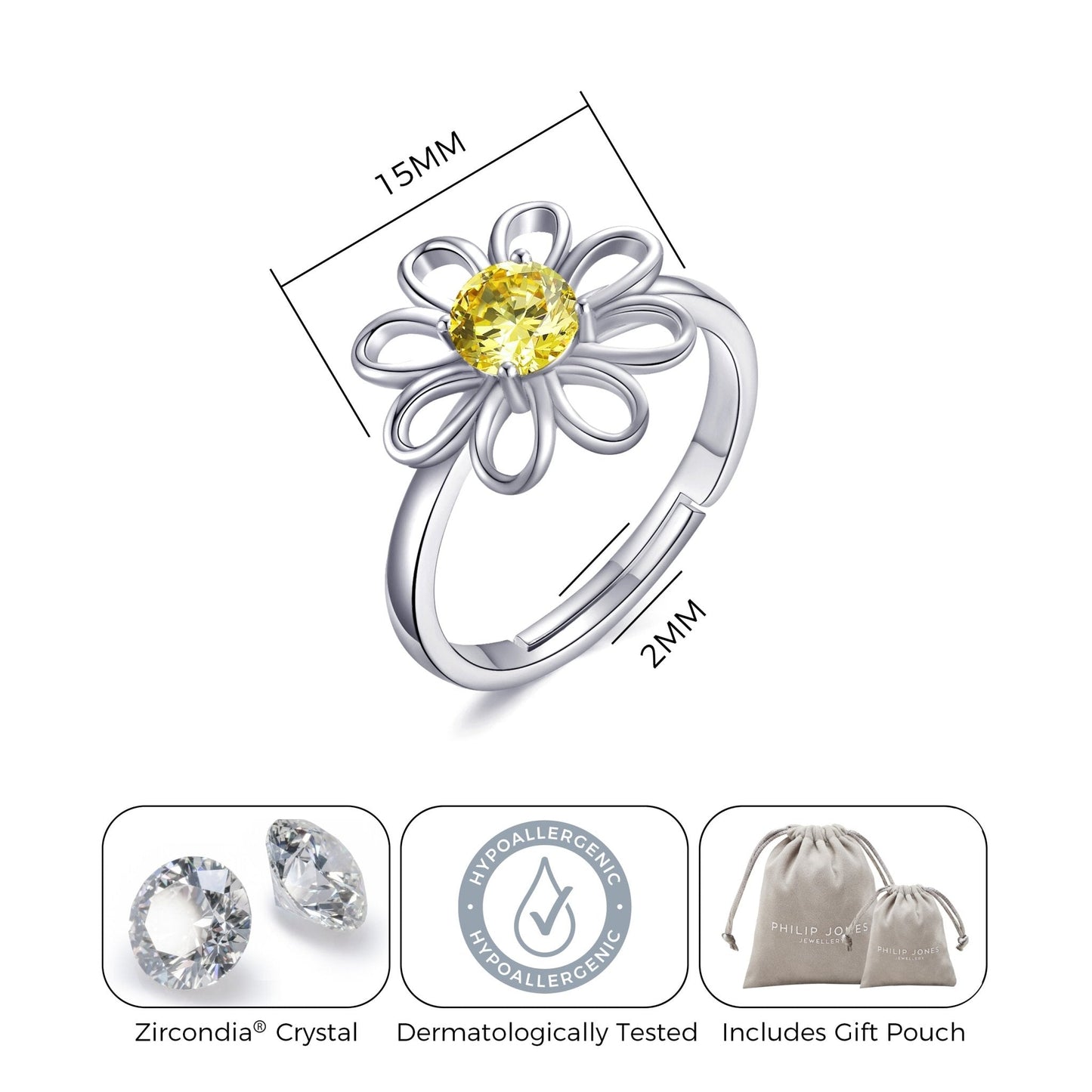 Adjustable Crystal Daisy Ring Created with Zircondia® Crystals