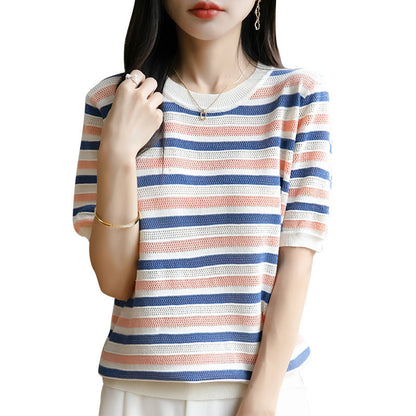 Fashionable Contrasting-Color Ice Silk Striped Knit Sweater