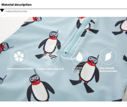 Boy One-piece Long Sleeves Penguin Beach Sun Protection Hot Spring Swimming Cap Swimsuit Two-piece