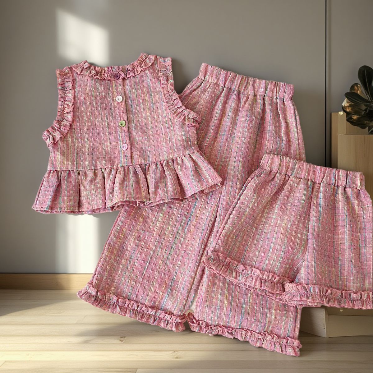 Fashionable Breathable Plaid Sleeveless Top And Shorts Set For Girls