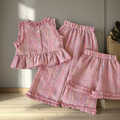 Fashionable Breathable Plaid Sleeveless Top And Shorts Set For Girls