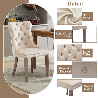 Modern Set Of 2 Upholstered Velvet Dining Chairs, Button Tufted Kitchen Lounge Chairs With Brushed Wood Legs, Riveted Trim And Knocker Ring, For Dining Room Living Room