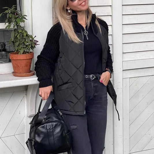 Women's Stand Collar Cotton Jacket - Zip Up Winter Coat with Pockets