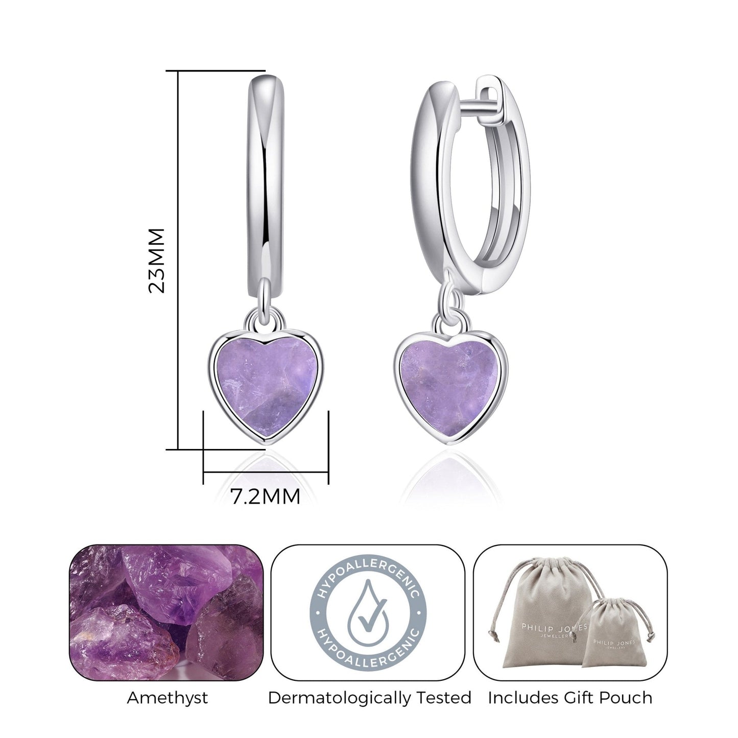 Amethyst Gemstone Heart Charm Hoop Earrings with Quote Card