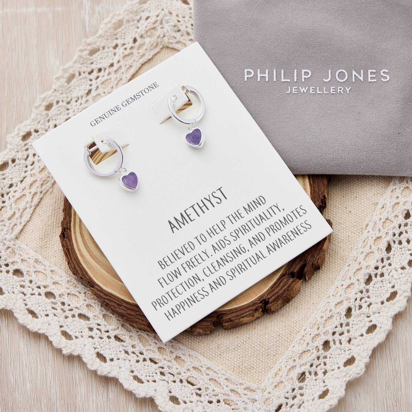 Amethyst Gemstone Heart Charm Hoop Earrings with Quote Card