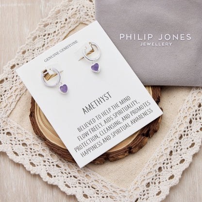 Amethyst Gemstone Heart Charm Hoop Earrings with Quote Card