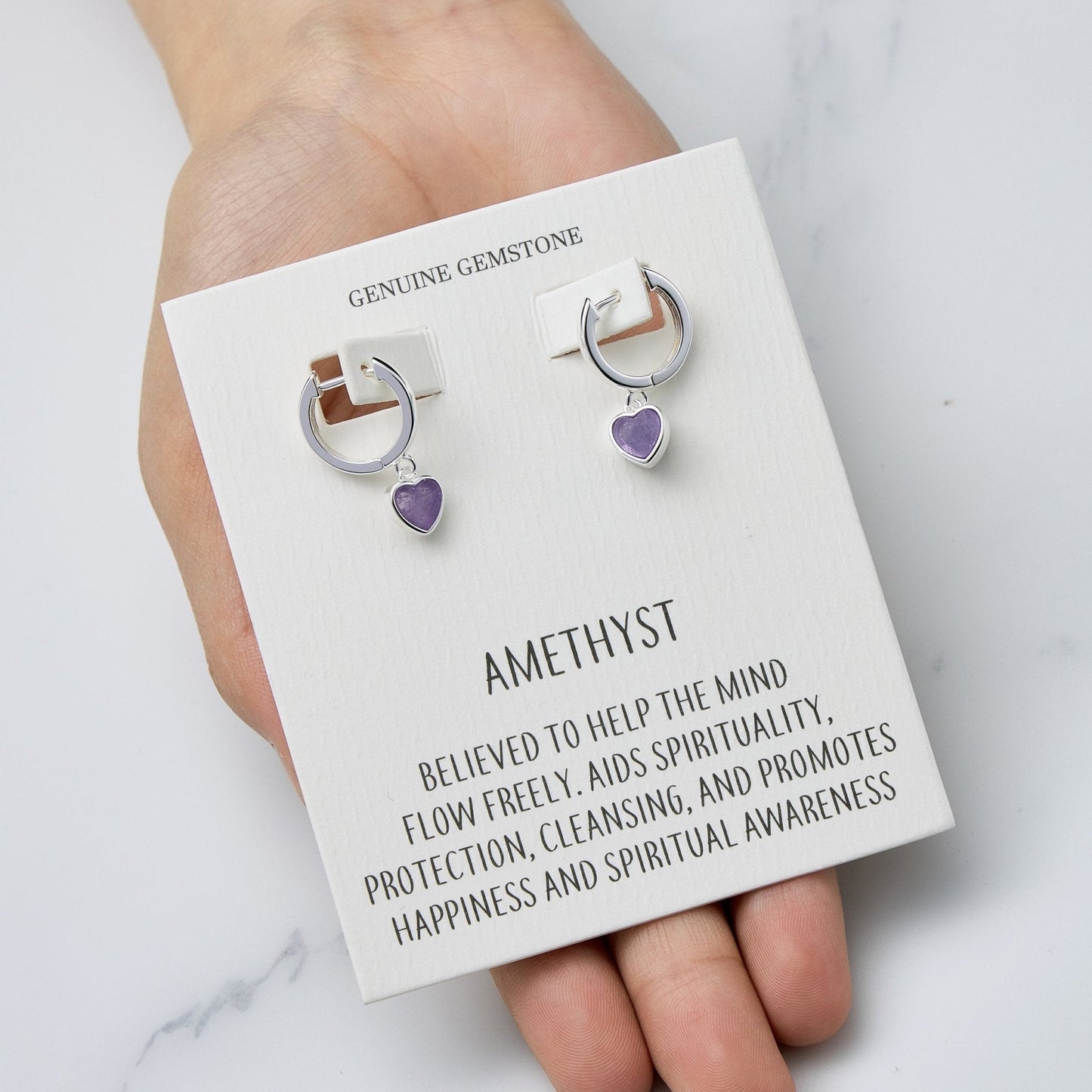 Amethyst Gemstone Heart Charm Hoop Earrings with Quote Card