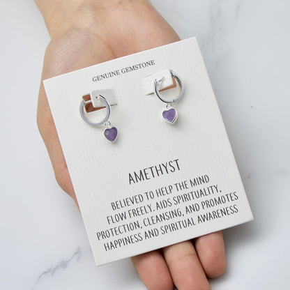 Amethyst Gemstone Heart Charm Hoop Earrings with Quote Card
