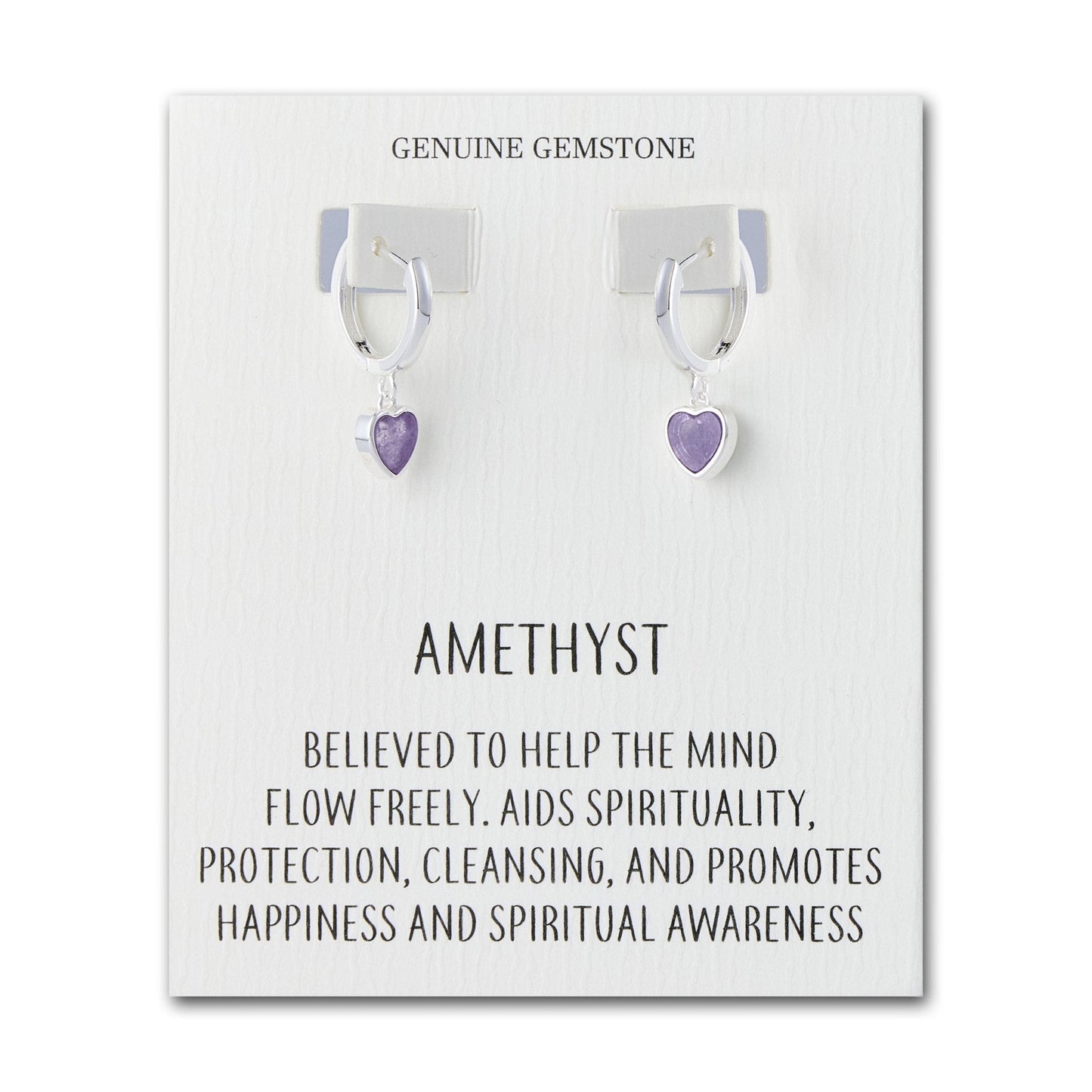 Amethyst Gemstone Heart Charm Hoop Earrings with Quote Card