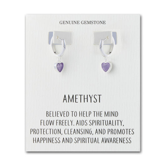 Amethyst Gemstone Heart Charm Hoop Earrings with Quote Card