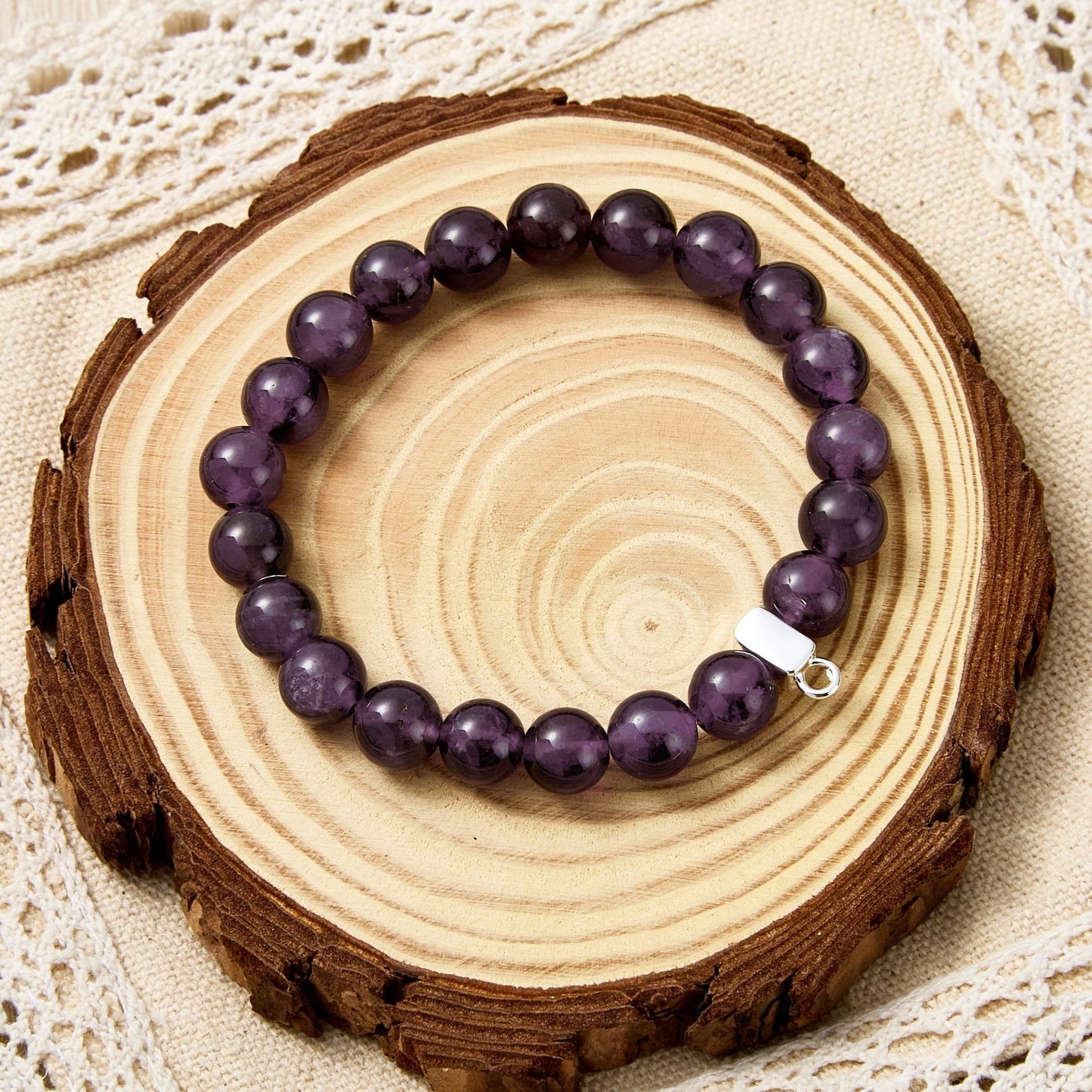 Amethyst Gemstone Stretch Bracelet with Charm Created with Zircondia® Crystals